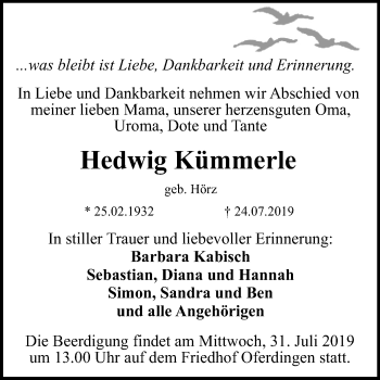 Anzeige von Hedwig Kümmerle von Reutlinger General-Anzeiger