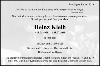 Anzeige von Heinz Kleih von Reutlinger General-Anzeiger