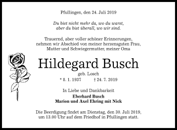 Anzeige von Hildegard Busch von Reutlinger General-Anzeiger