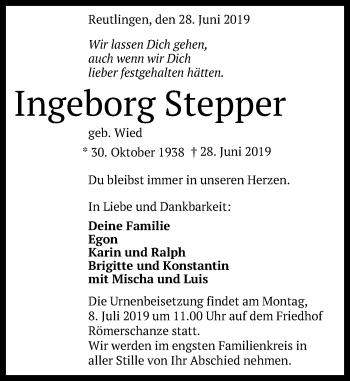 Anzeige von Ingeborg Stepper von Reutlinger General-Anzeiger