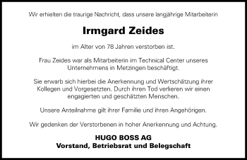 Anzeige von Irmgard Zeides von Reutlinger General-Anzeiger