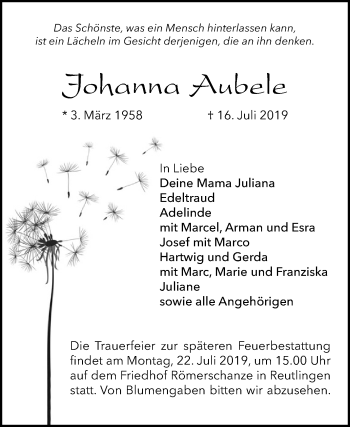 Anzeige von Johanna Aubele von Reutlinger General-Anzeiger