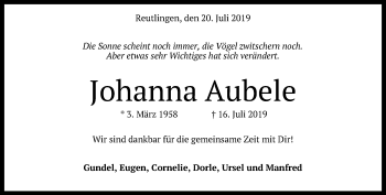 Anzeige von Johanna Aubele von Reutlinger General-Anzeiger