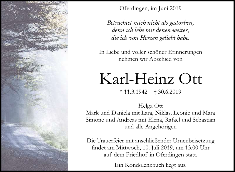  Traueranzeige für Karl-Heinz Ott vom 04.07.2019 aus Reutlinger General-Anzeiger