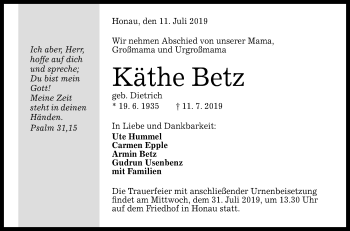 Anzeige von Käthe Betz von Reutlinger General-Anzeiger