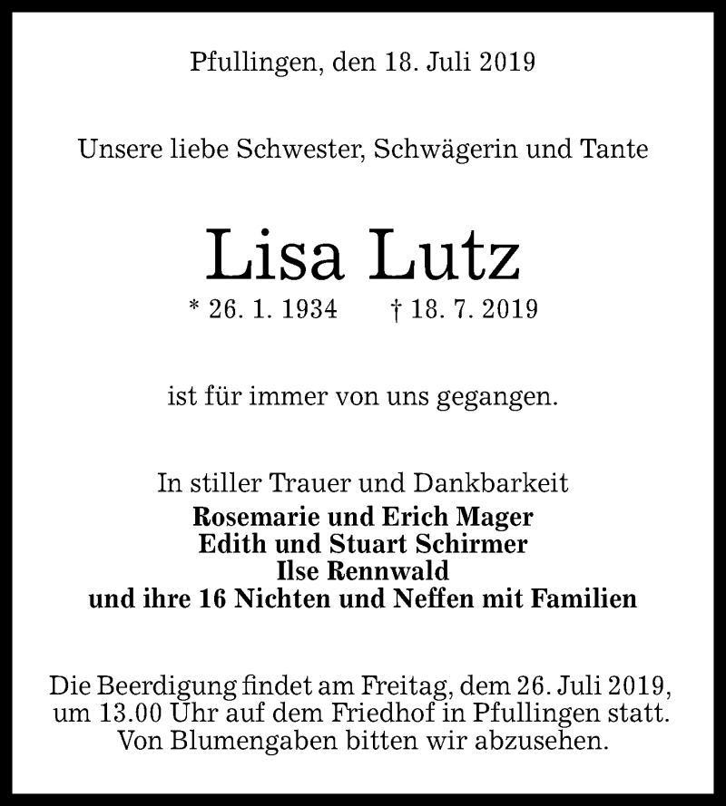  Traueranzeige für Lisa Lutz vom 22.07.2019 aus Reutlinger General-Anzeiger