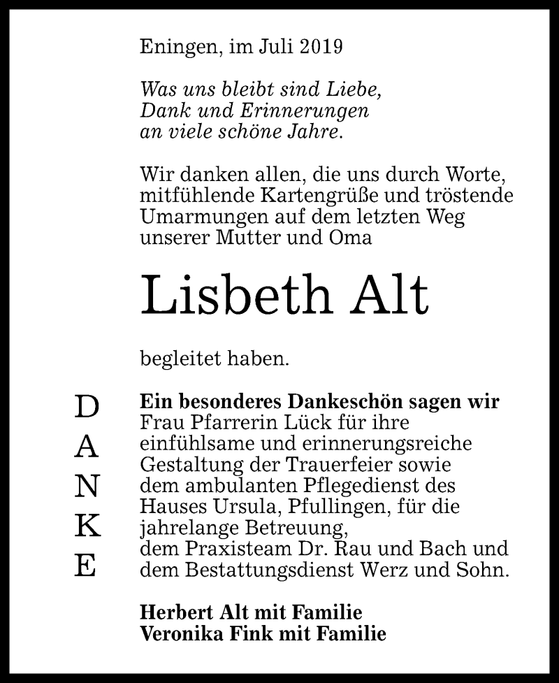  Traueranzeige für Lisbeth Alt vom 30.07.2019 aus Reutlinger General-Anzeiger