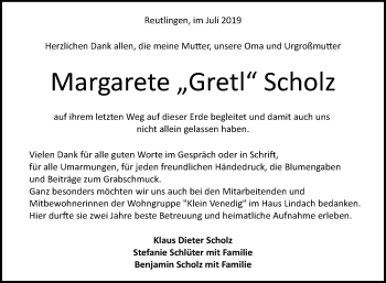 Anzeige von Margarete Scholz von Reutlinger General-Anzeiger