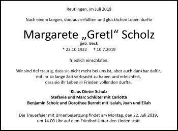 Anzeige von Margarete Scholz von Reutlinger General-Anzeiger
