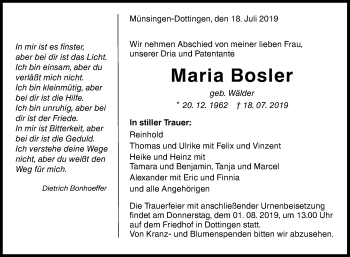 Anzeige von Maria Bosler von Reutlinger General-Anzeiger