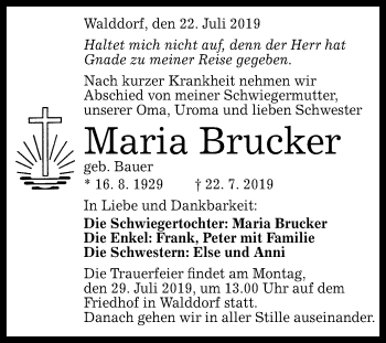 Anzeige von Maria Brucker von Reutlinger General-Anzeiger