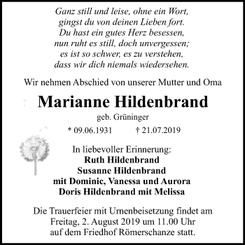 Anzeige von Marianne Hildenbrand von Reutlinger General-Anzeiger