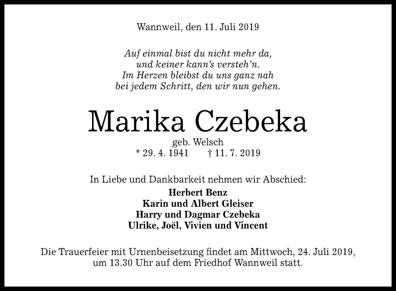  Traueranzeige für Marika Czebeka vom 18.07.2019 aus Reutlinger General-Anzeiger
