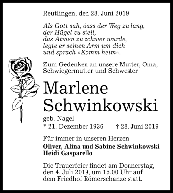 Anzeige von Marlene Schwinkowski von Reutlinger General-Anzeiger