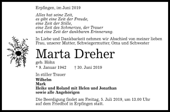 Anzeige von Marta Dreher von Reutlinger General-Anzeiger