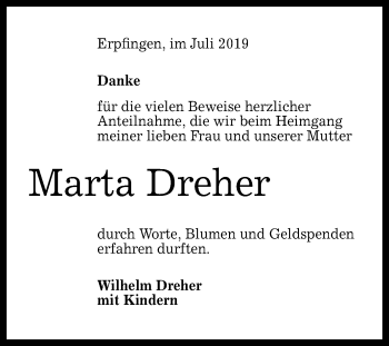 Anzeige von Marta Dreher von Reutlinger General-Anzeiger