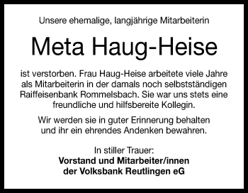 Anzeige von Meta Haug-Heise von Reutlinger General-Anzeiger