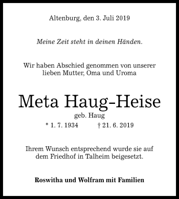 Anzeige von Meta Haug-Heise von Reutlinger General-Anzeiger