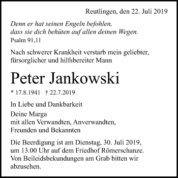 Anzeige von Peter Jankowski von Reutlinger General-Anzeiger