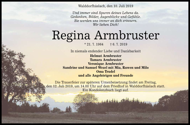  Traueranzeige für Regina Armbruster vom 10.07.2019 aus Reutlinger General-Anzeiger