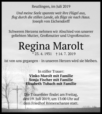 Anzeige von Regina Marolt von Reutlinger General-Anzeiger