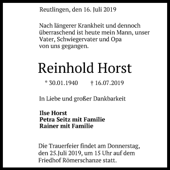 Anzeige von Reinhold Horst von Reutlinger General-Anzeiger
