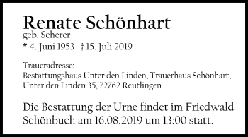 Anzeige von Renate Schönhart von Reutlinger General-Anzeiger