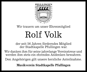 Anzeige von Rolf Volk von Reutlinger General-Anzeiger