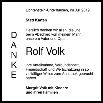 Anzeige von Rolf Volk von Reutlinger General-Anzeiger