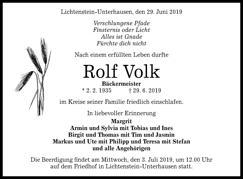  Traueranzeige für Rolf Volk vom 01.07.2019 aus Reutlinger General-Anzeiger