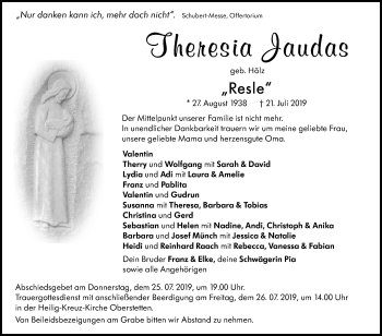 Anzeige von Theresia Jaudas von Reutlinger General-Anzeiger