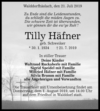 Anzeige von Tilly Häfner von Reutlinger General-Anzeiger