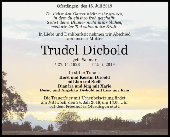 Anzeige von Trudel Diebold von Reutlinger General-Anzeiger