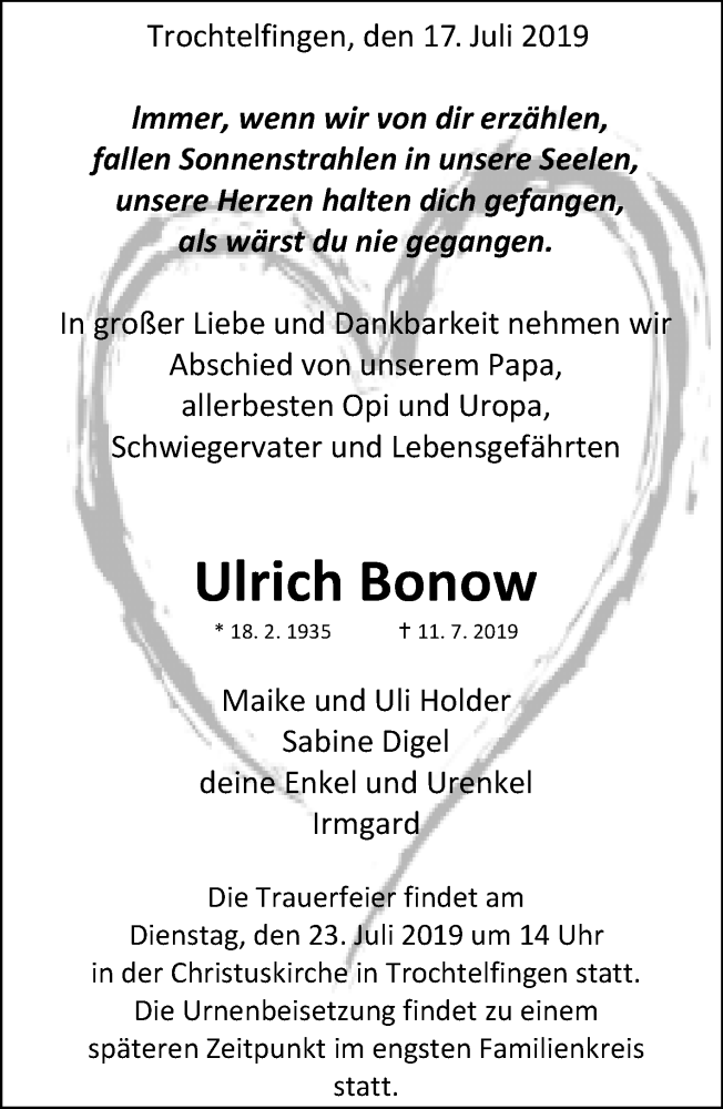  Traueranzeige für Ulrich Bonow vom 18.07.2019 aus Reutlinger General-Anzeiger