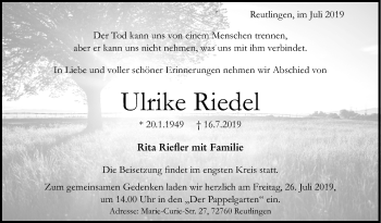 Anzeige von Ulrike Riedel von Reutlinger General-Anzeiger
