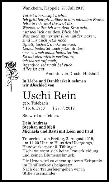 Anzeige von Uschi Rein von Reutlinger General-Anzeiger