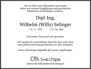 Anzeige von Wilhelm Selinger von Reutlinger General-Anzeiger