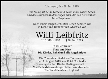 Anzeige von Willi Leibfritz von Reutlinger General-Anzeiger