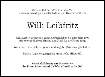 Anzeige von Willi Leibfritz von Reutlinger General-Anzeiger