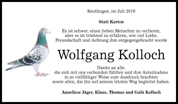 Anzeige von Wolfgang Kolloch von Reutlinger General-Anzeiger