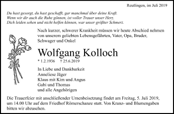 Anzeige von Wolfgang Kolloch von Reutlinger General-Anzeiger