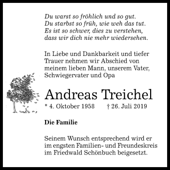 Anzeige von Andreas Treichel von Reutlinger General-Anzeiger