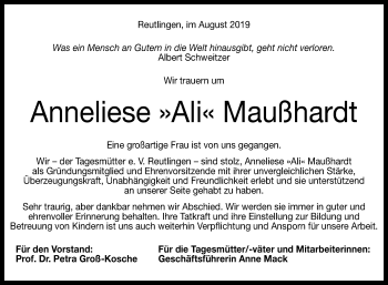 Anzeige von Anneliese Maußhardt von Reutlinger General-Anzeiger