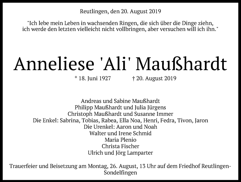  Traueranzeige für Anneliese Maußhardt vom 22.08.2019 aus Reutlinger General-Anzeiger