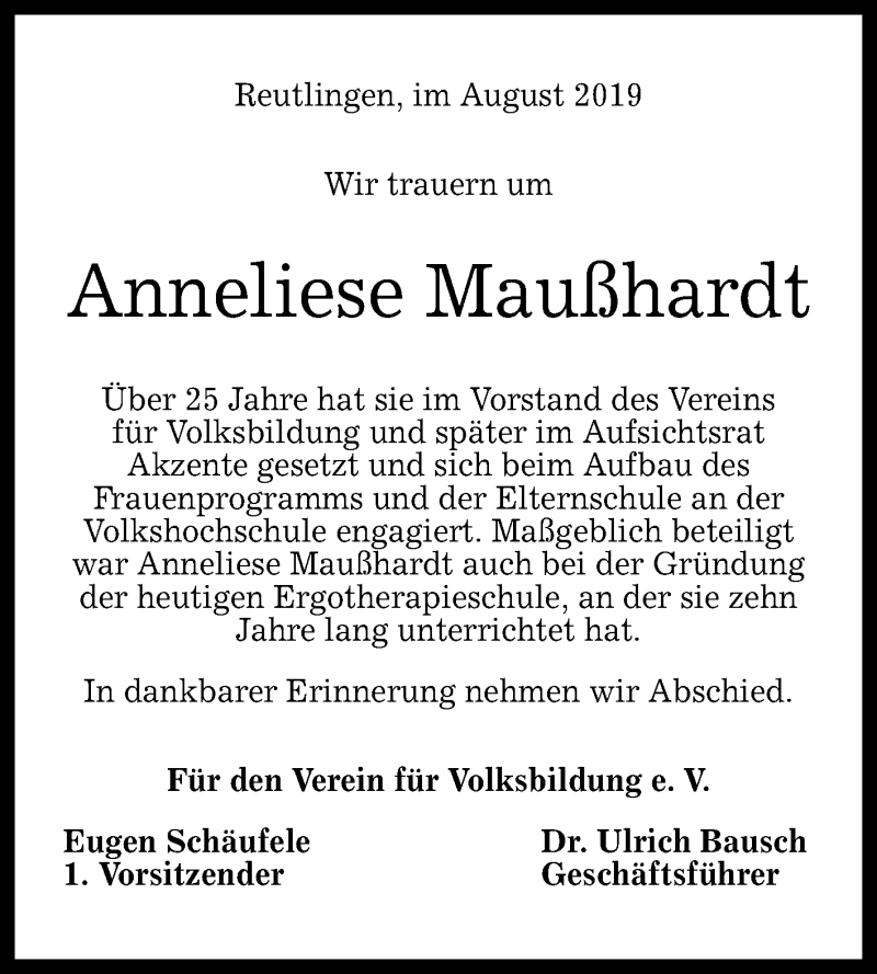  Traueranzeige für Anneliese Maußhardt vom 22.08.2019 aus Reutlinger General-Anzeiger