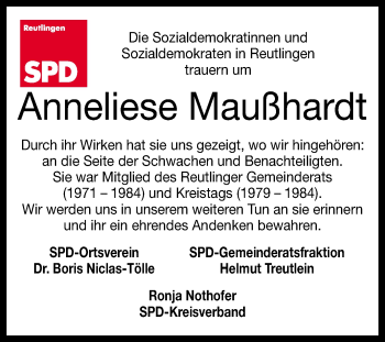 Anzeige von Anneliese Maußhardt von Reutlinger General-Anzeiger