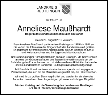 Anzeige von Anneliese Maußhardt von Reutlinger General-Anzeiger