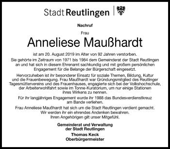 Anzeige von Anneliese Maußhardt von Reutlinger General-Anzeiger