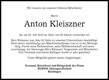 Anzeige von Anton Kleiszner von Reutlinger General-Anzeiger
