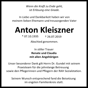 Anzeige von Anton Kleiszner von Reutlinger General-Anzeiger